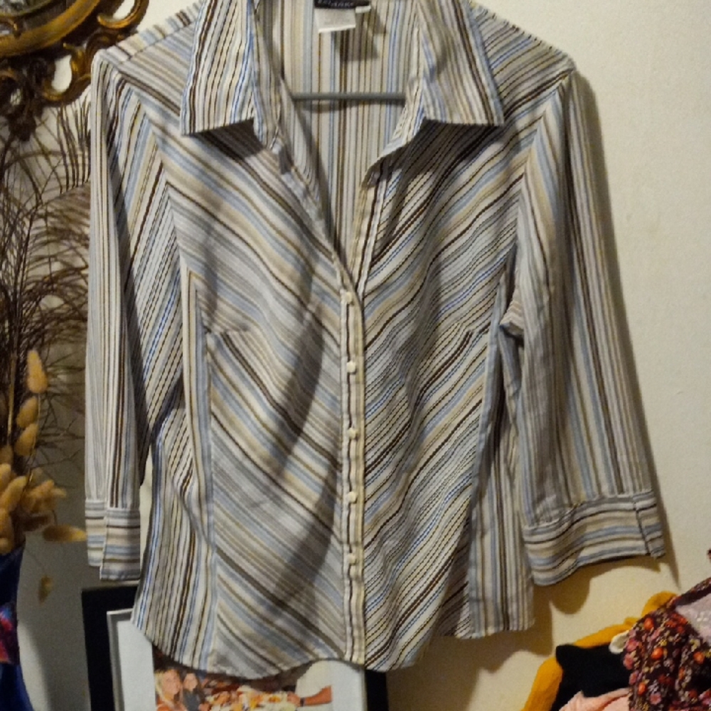 Bay Studio Cream Blouse with Blue and Tan Stripes